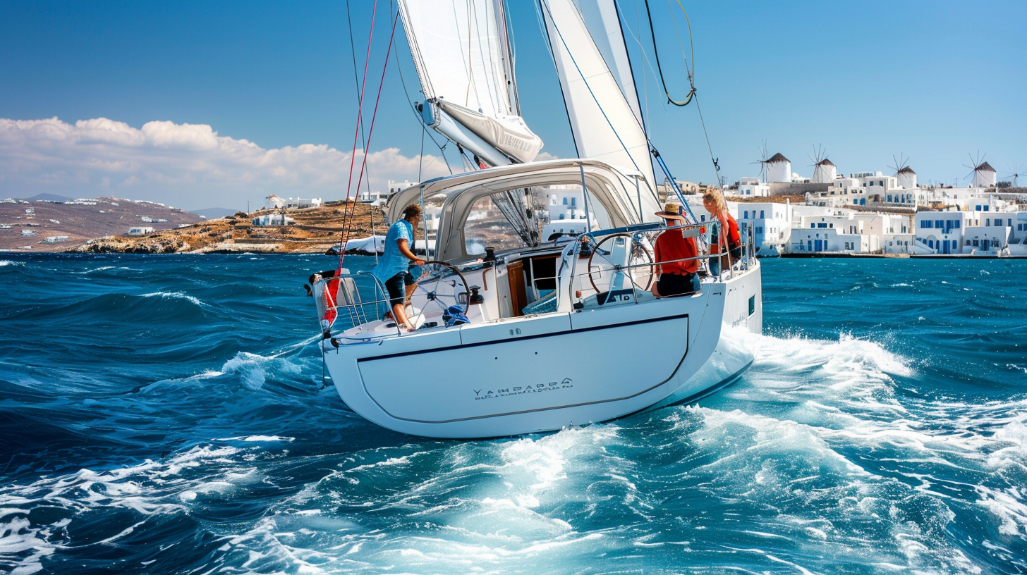 Yacht cruising past a famous coastal landmark