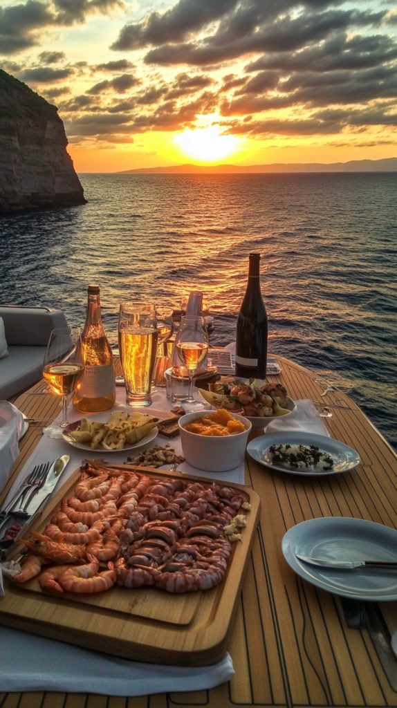 A sunset dinner on a yacht with wine and shrimp, capturing the luxurious and romantic dining experience offered by a yacht charter vacation.