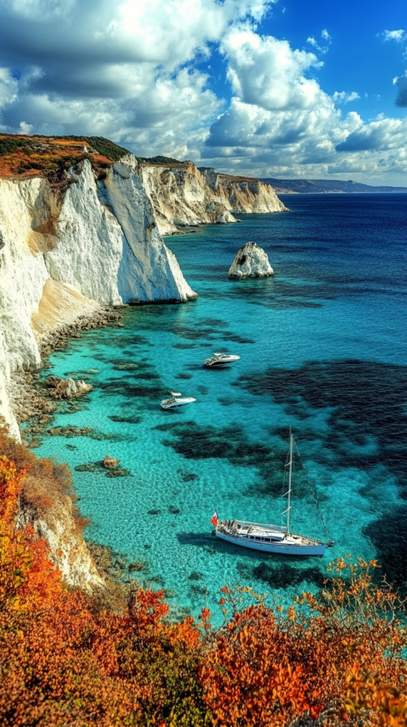 A yacht charter cruising near a scenic coastline, representing the beauty and accessibility of coastal exploration during a yacht vacation.