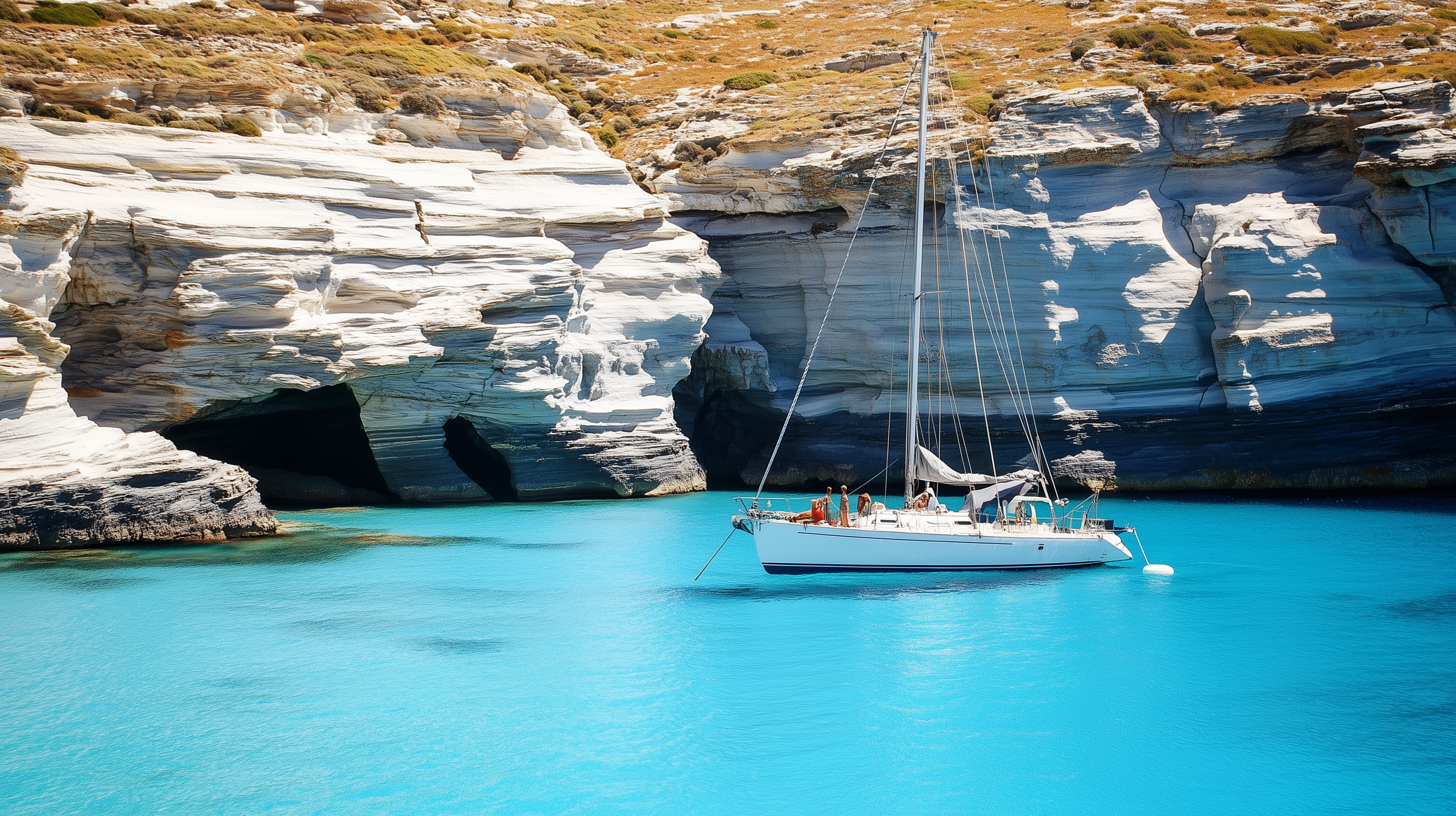 A yacht charter sailing along picturesque coastal waters, showcasing the scenic beauty and relaxation available during a yacht vacation.