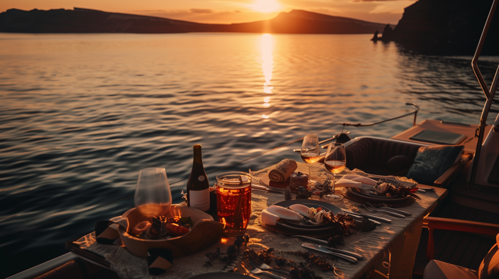 A sunset dinner on a yacht featuring wine and shrimp, epitomizing the luxurious and romantic dining experience of a yacht charter.